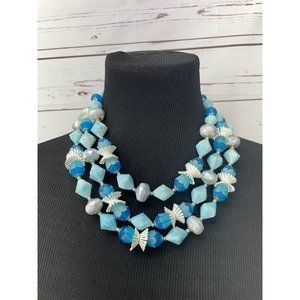 50's Japan‎ Signed Women's 3-Strand Blues Beaded Necklace